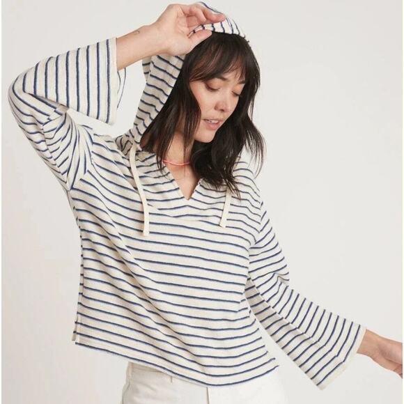 Marine Layer Playa Hoodie V-Neck 3/4 Sleeve Cropped Navy Cream Stripe NWT Small - Picture 1 of 9